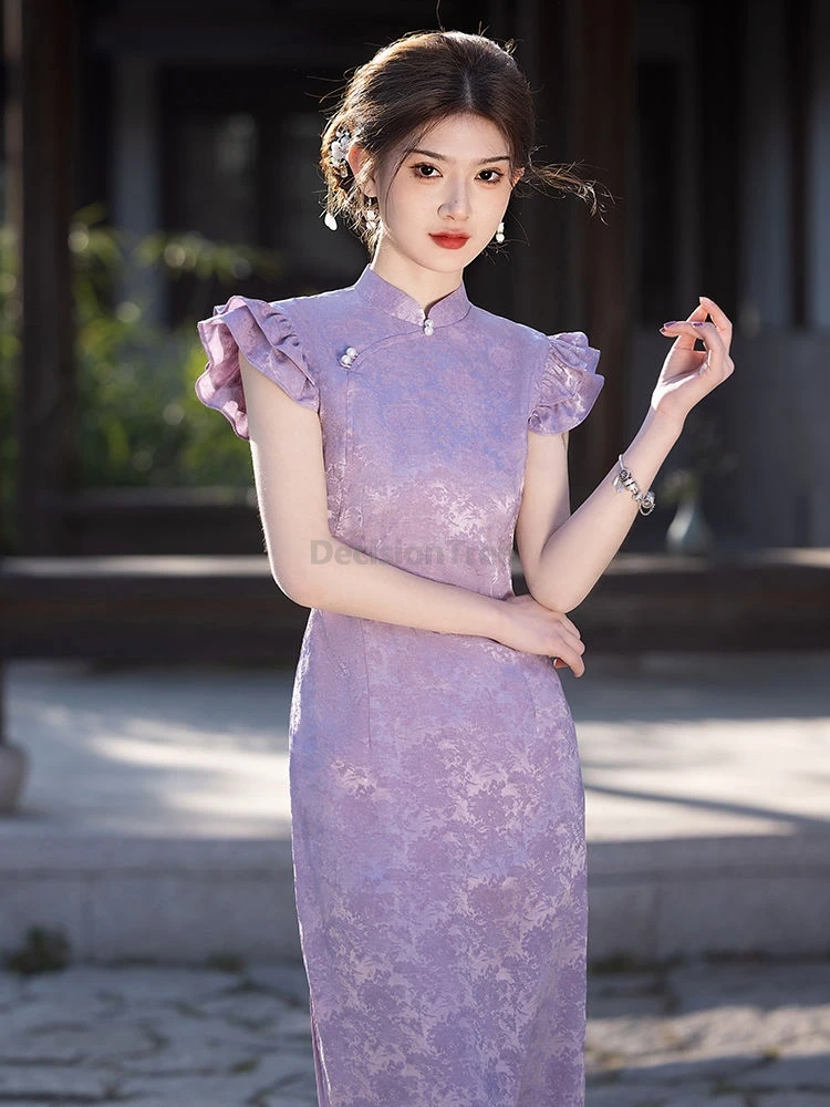 

2025 элегантное фиолетовое китайское платье Cheongsam в стиле ретро, летнее повседневное изысканное платье Ципао без рукавов, темпераментное женское Ципао