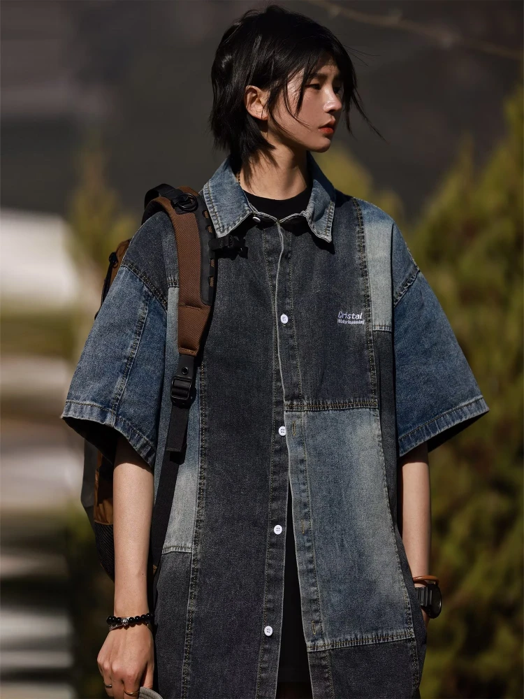 

Denim Shirts Men Summer Washed Patchwork Turn-down Collar Korean Style Harajuku Advanced Fashion Males Clothing Popular Daily