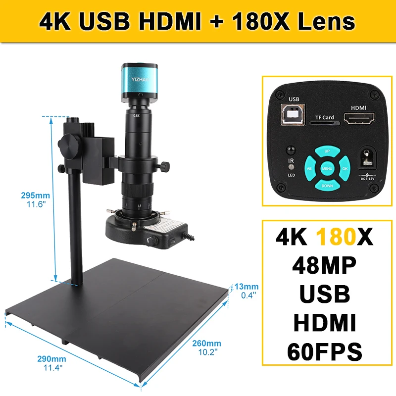 48MP 4K USB HDMI Electronics Digital Microscope Camera 180X Zoom C-Mount Soldering Monocular Lens Ring Light for Phones Repair