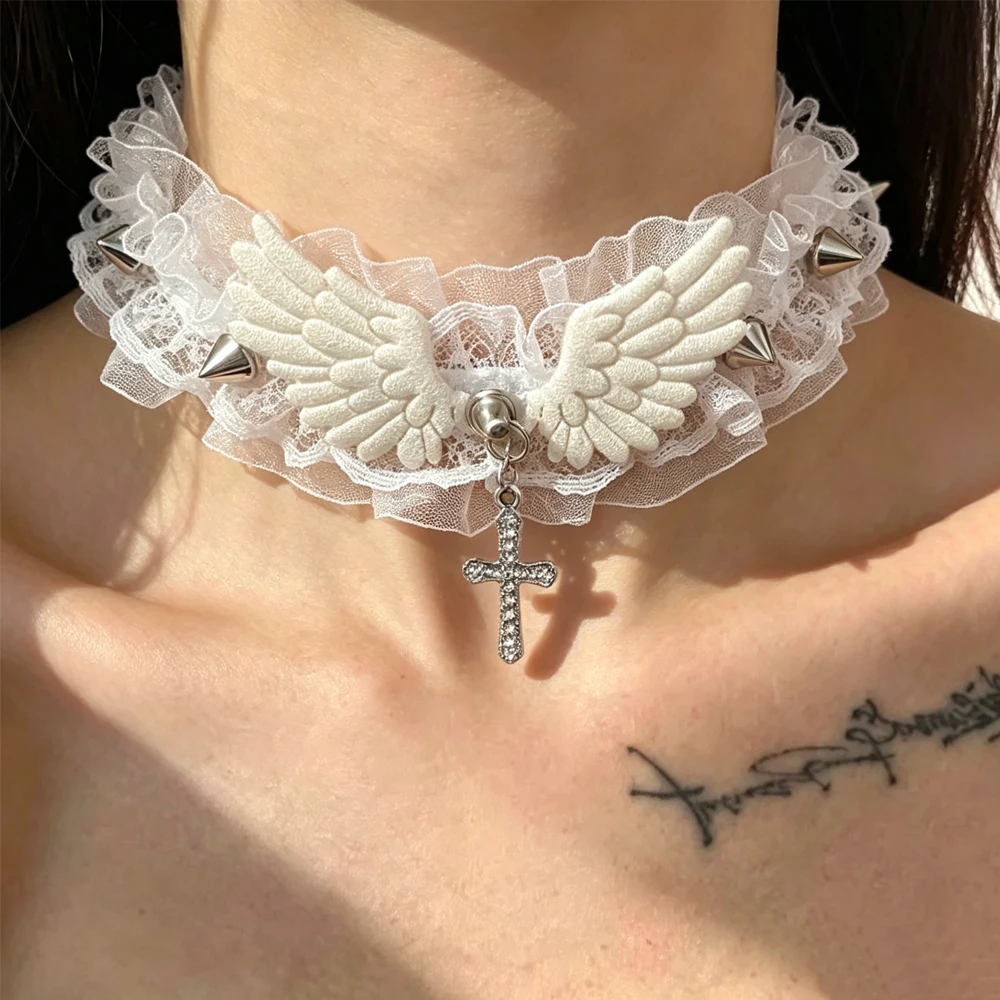 Yupsk Fashion Wide Lace Rivets Choker Necklace for Women Girls Sweet Cool Lace Choker Y2K Angel Wing Leather Necklace Daily Wear