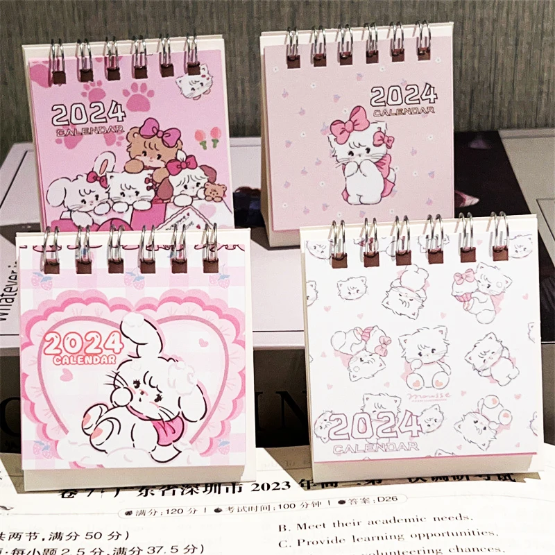 Kalender meja kucing Pink kartun 2024, Mini lucu berdiri lipat kalender meja perencanaan harian kecil kalender bulanan untuk rumah