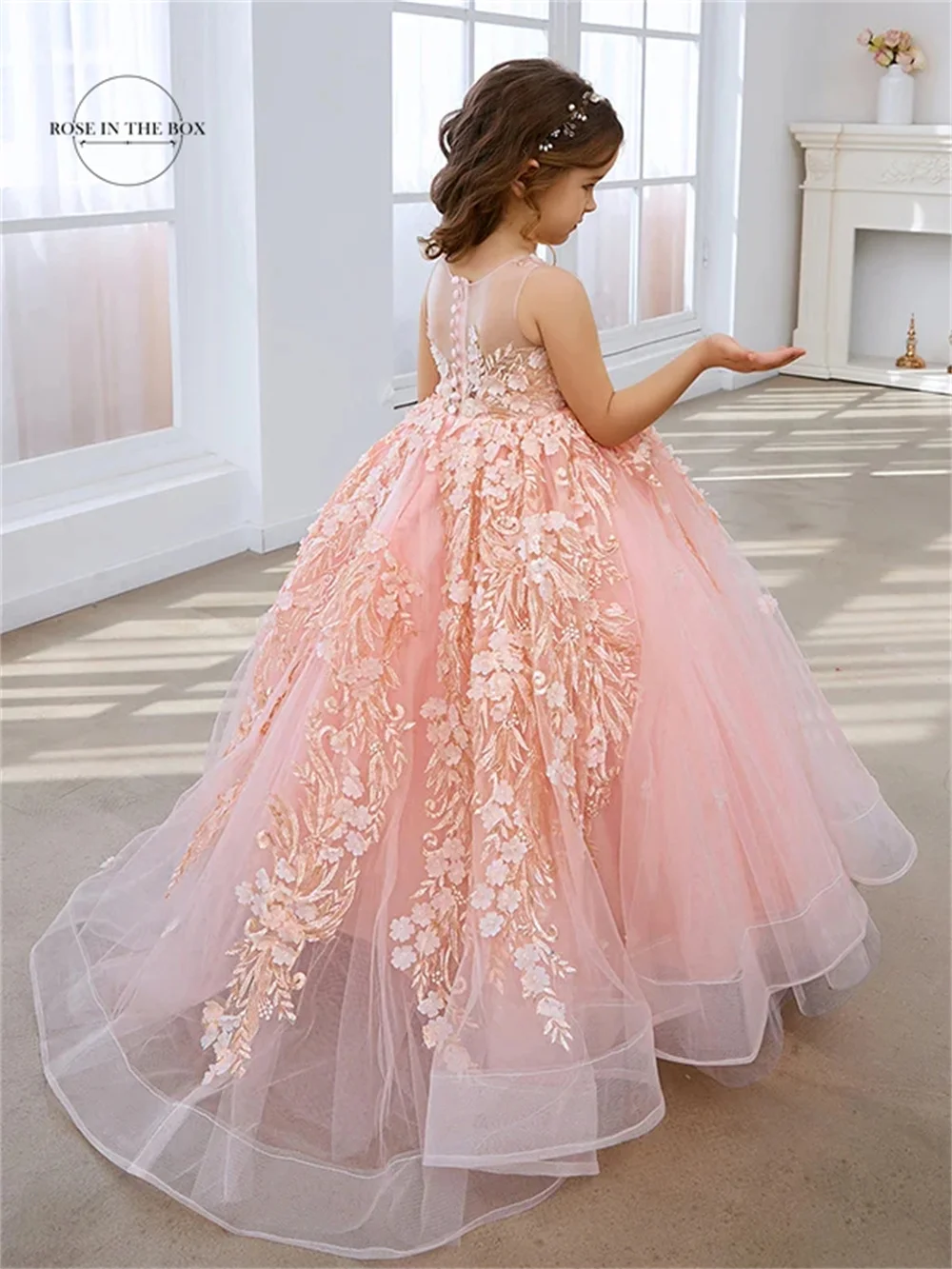 Robe de Rhde princesse rose perle pour filles, avec appliques en dentelle, longue robe de luxe en tulle, robe de demoiselle d'honneur pour enfants, anniversaire