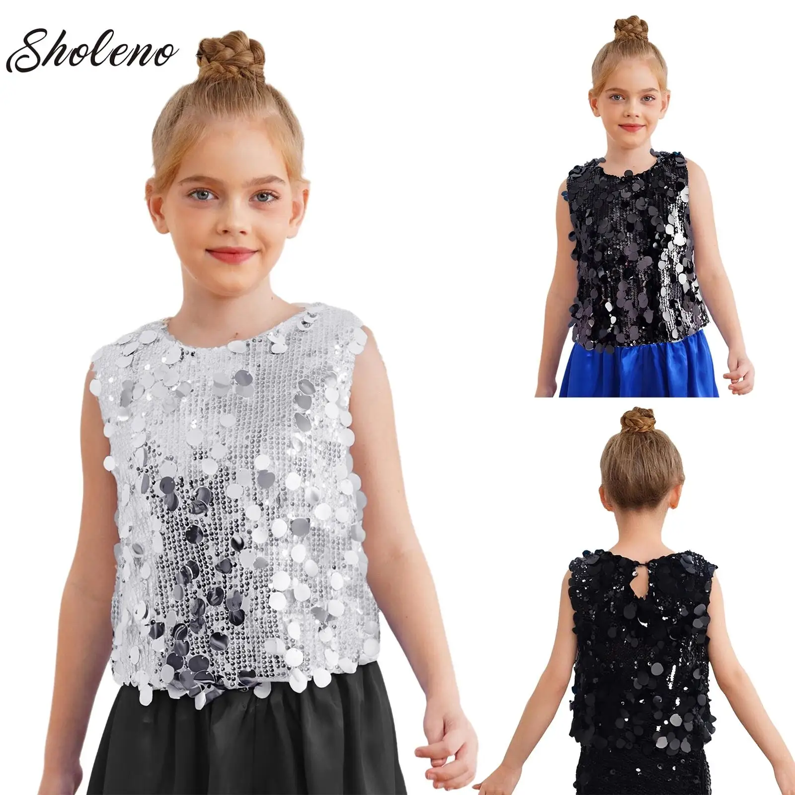 

Kids Girls Dance Costume Sparkling Sequins Tank Top Girls Sleeveless Shirt T-Shirt for Halloween Carnival Birthday Theme Party