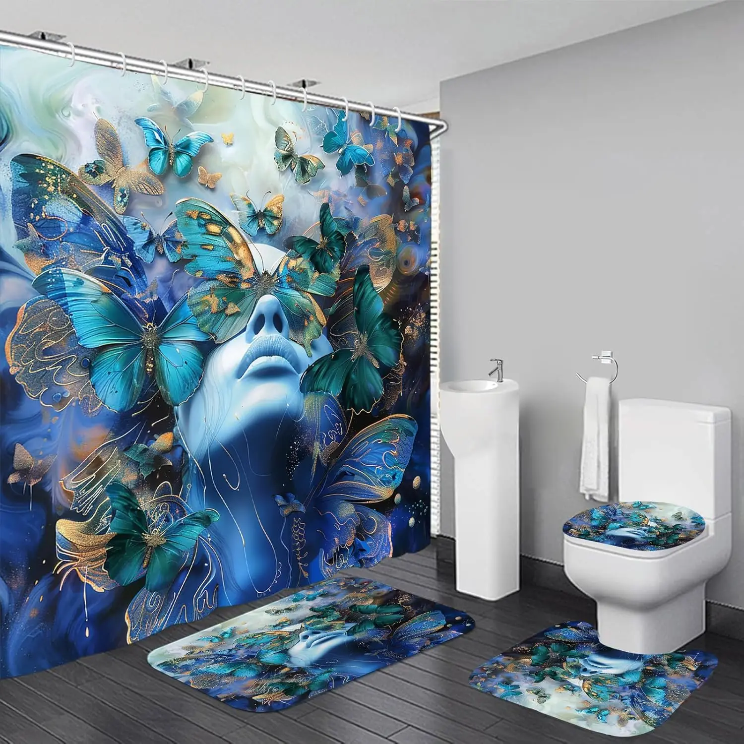 

4-компонентный костюм с синей бабочкой, абстрактный костюм с занавеской для душа, ковром и аксессуарами, с 12 крючками