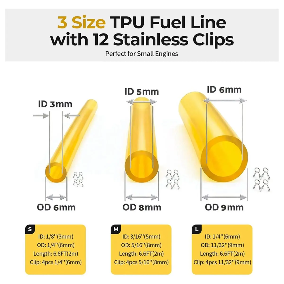 Line Hose 3 Sizes Kit with 12 Stainless Steel Clamps Fuel Hose Plastic
