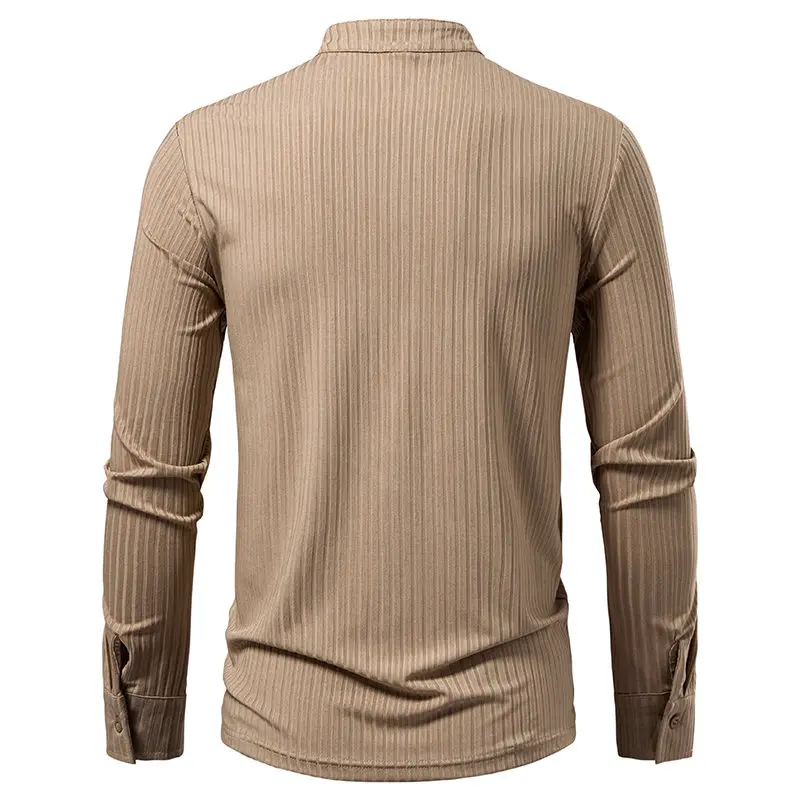 New Autumn Men's Slanted Placket T Shirt Fashion Striped Design Fabric Long Sleeve Tee Shirts Spring Casual Vintage Solid Tops