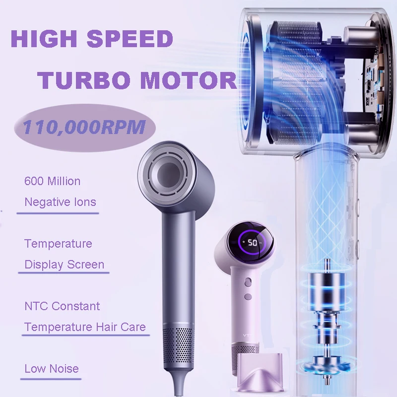 

110000RPM High Speed Hairdryer Negative Ion Blow Dryer Low Noise Hair Styling Tools 1600W High Power Temperaturature Display
