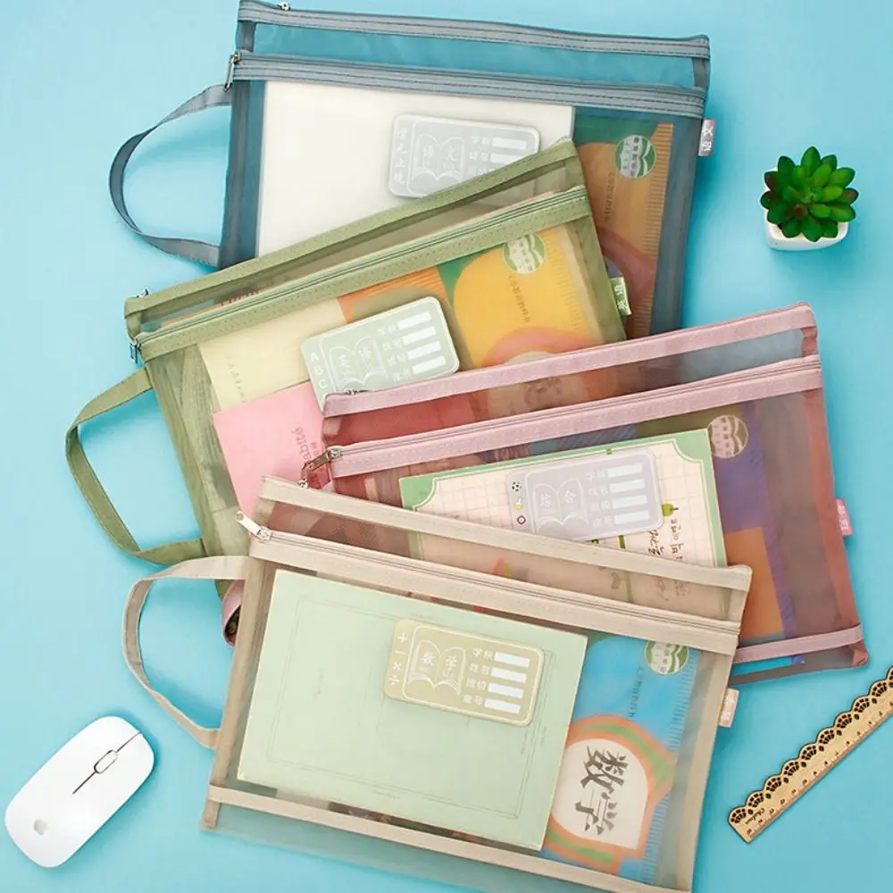 New A4 Stationery Storage Bag Double-layer Transparent Cosmetic Makeup Bag Large Capacity Organizer Bag Mesh Zipper Bag