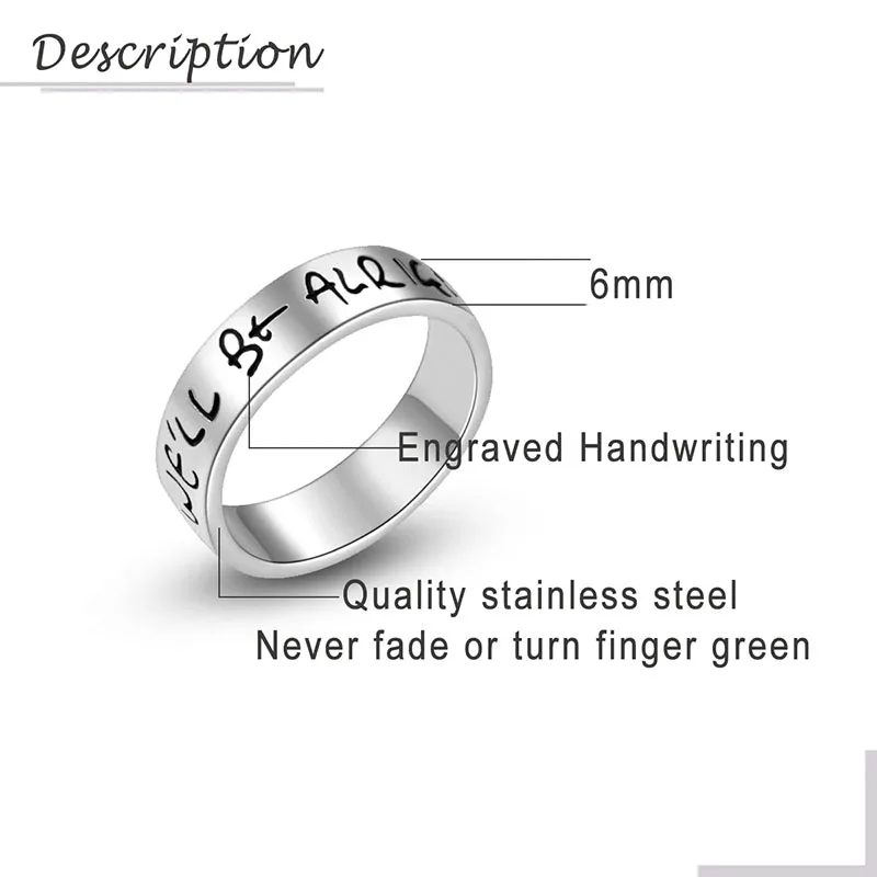 Valily Handwriting We\'ll Be Alright /Treat People with Kindness Ring Stainless Steel 6MM Band Ring for Women Men