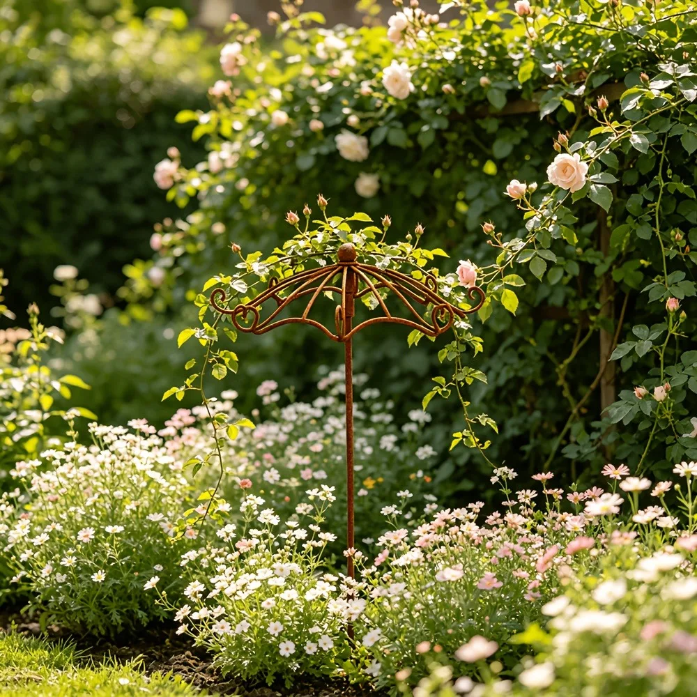 Umbrella Shaped Metal Garden Vine Frame Flower Stand Retro Rusted Plant Support Suitable Climbing Plants Roses Outdoor Lawns