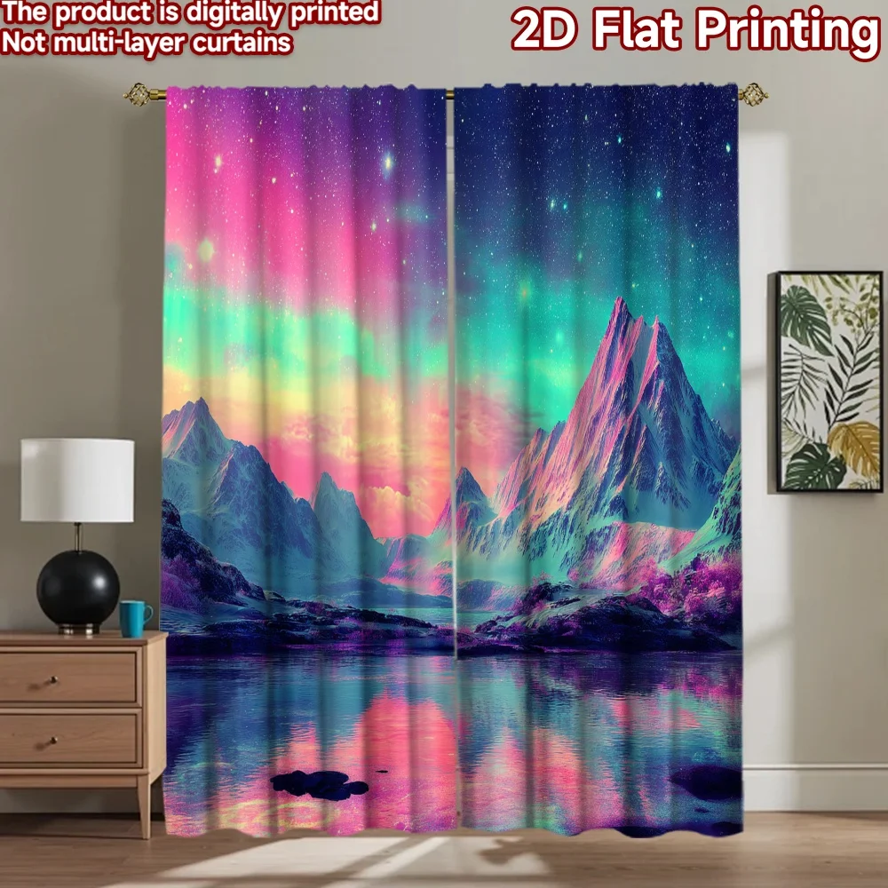 2D flat printing 2pcs Curtains Aurora Mountain Lake Reflection Digital Printed Polyester Drapes Festive Wall Decor Perfect for