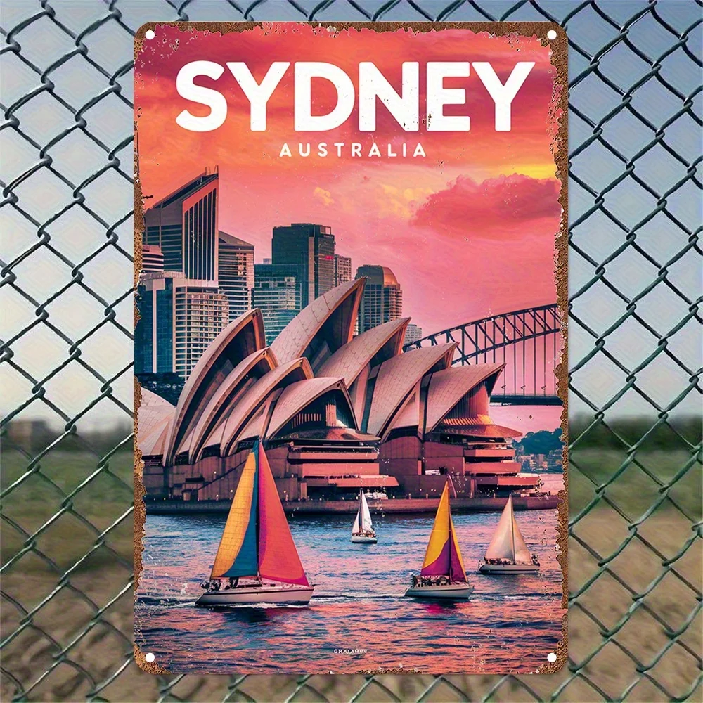 Decorative Sign, 1pc Vintage Metal Tin Plate 12x8 Inches (30x20cm) - Sydney Australia Opera House and Harbor Bridge Retro Wall A