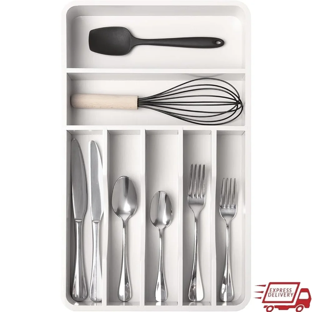 

Silverware Organizer Bamboo Cutlery Holder Utensil Storage Drawer Non Slip Feet 5 Compartments Kitchen Utensils and Flatware