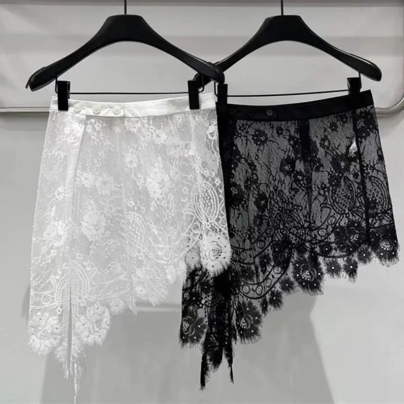 

Hollow Out Embroidery Flower Lace Skirts Vintage Women Streetwear Irregular Fairy Faldas Grunge Button Skirt Y2k Aesthetic