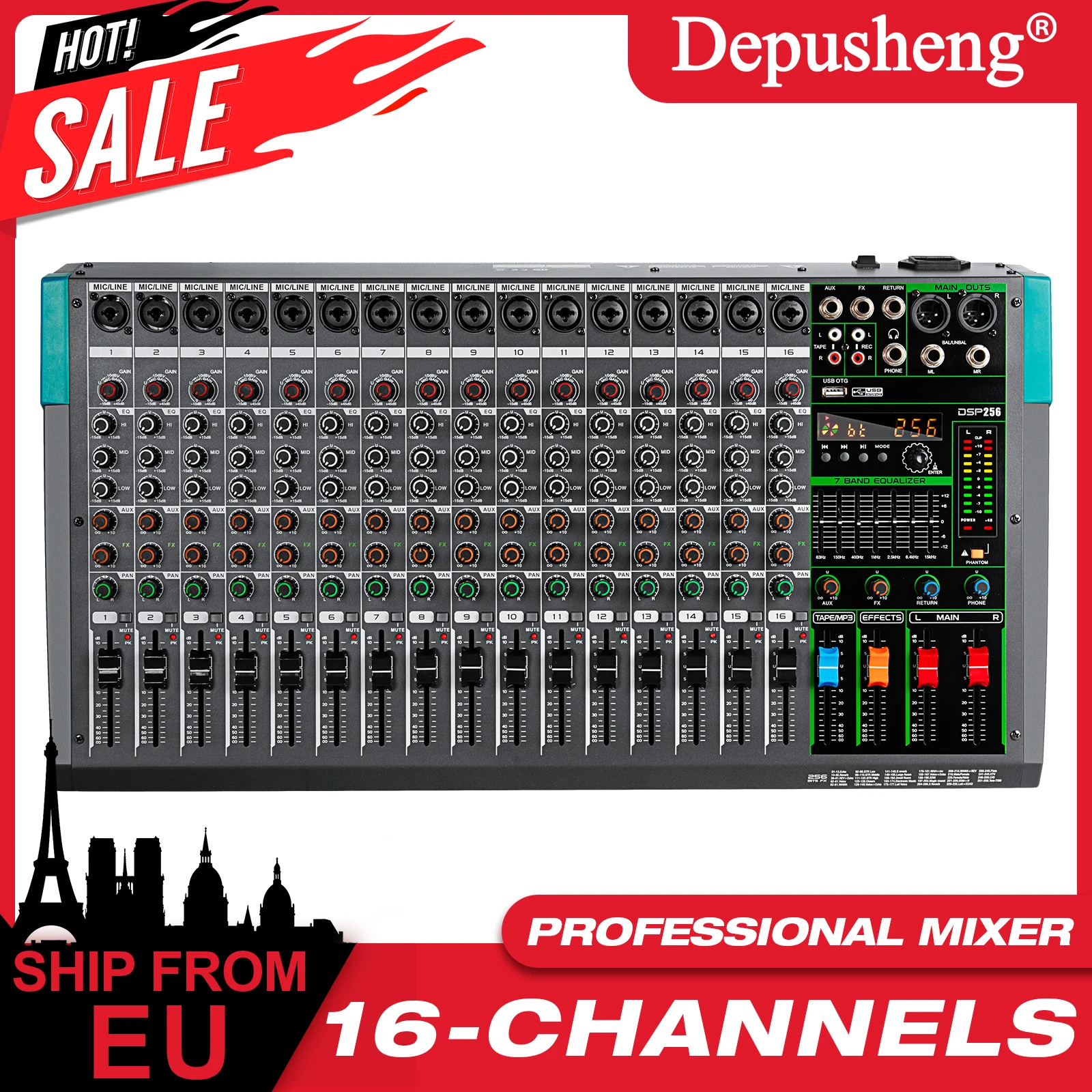 Mezclador de sonido de Audio de 16 canales, consola de DJ de mezcla Depusheng USB con alimentación Phantom de 48V, 256 efectos DSP, mesa de sonido para escenario
