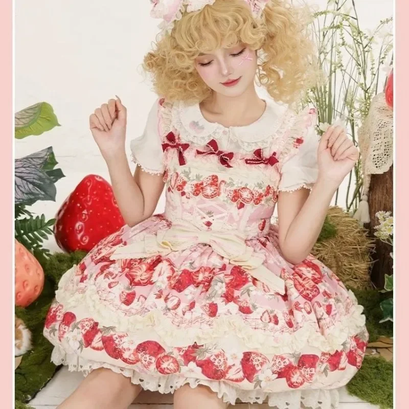 

Японское платье Лолиты JSK, женское мини-платье с милым бантом и оборками, клубничным принтом на бретельках, Harajuku, кавайные вечерние платья принцессы