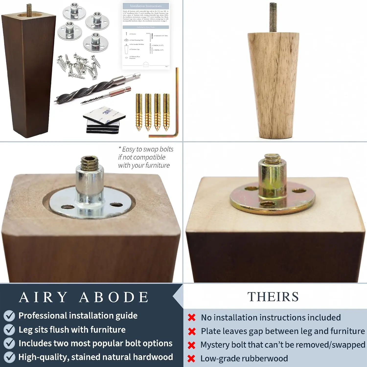 Walnut Brown Square Furniture Legs Set of 4 - Pick Your Size