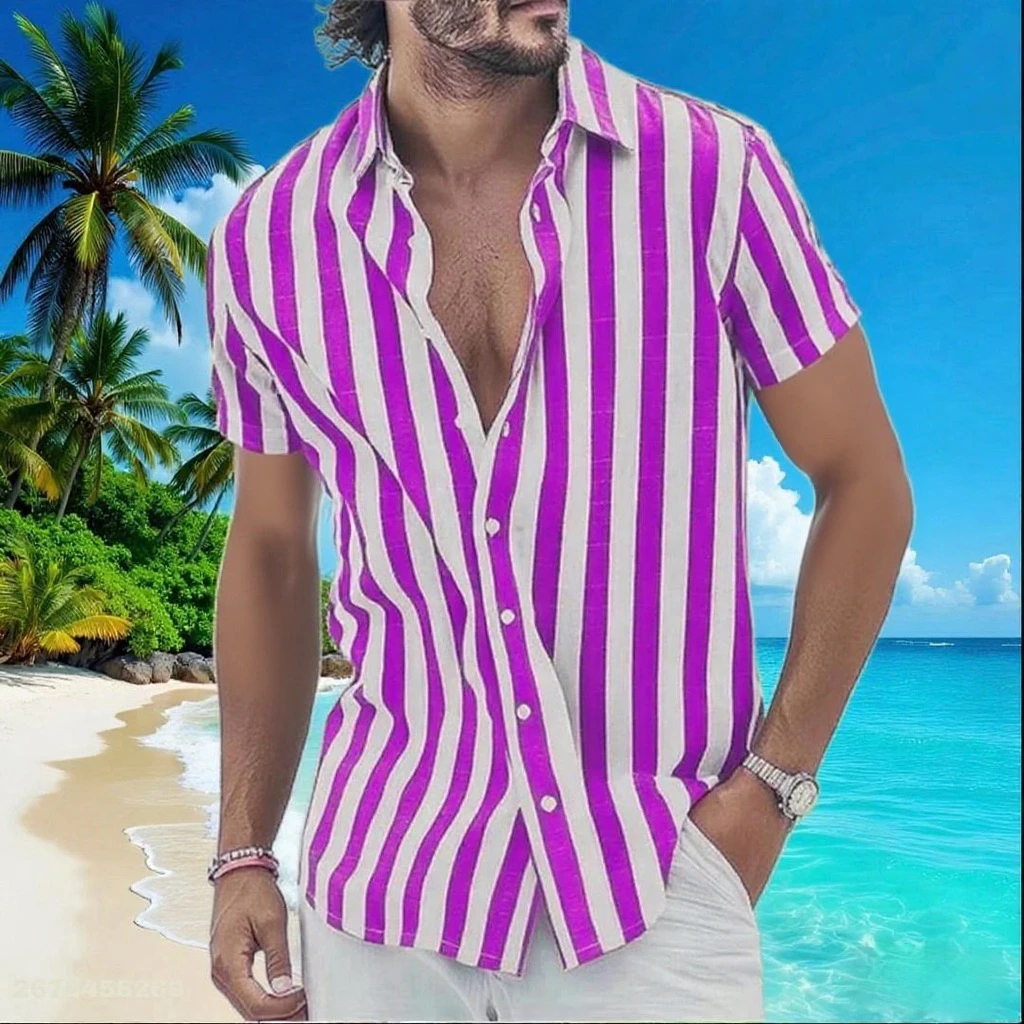 Men's Multicolor Geometric Striped Button Short Sleeve Shirt Fashionable and Comfortable Fabric Daily Beach Vacation Shirt