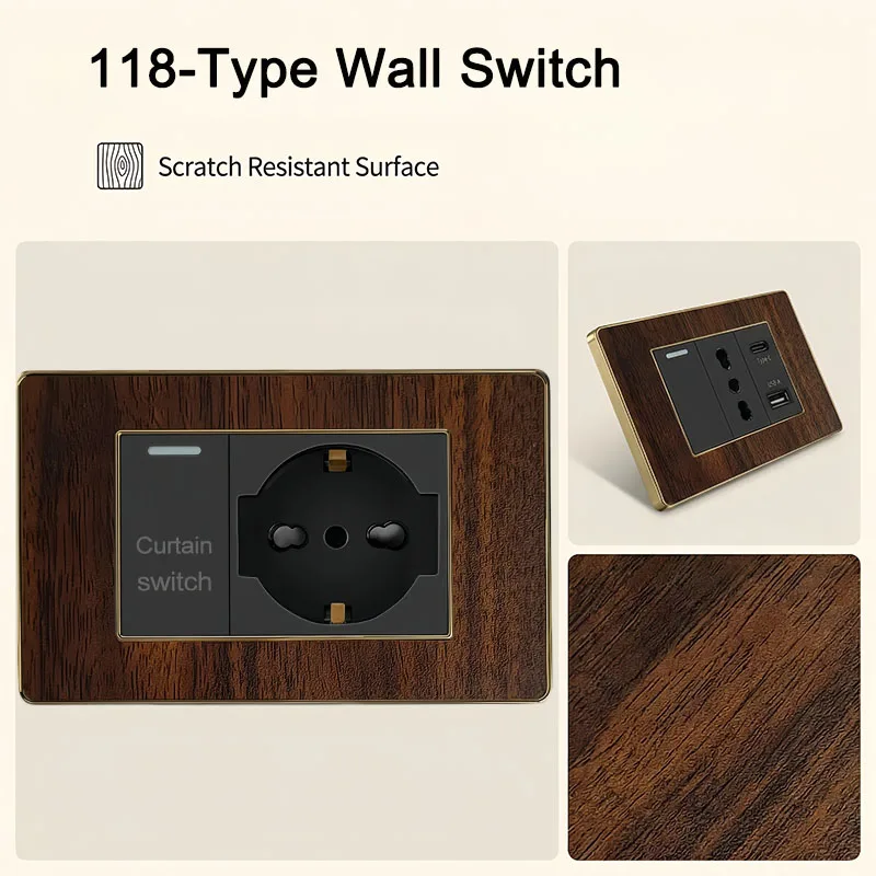 

118-Type Wall Switch & Socket, Black Retro Wood Grain Plastic Spray-Painted Panel, Home Wall Plate Electrical Outlet