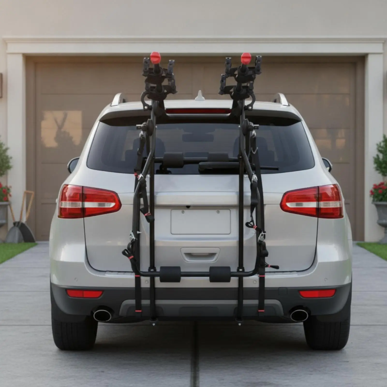 Secure Vehicle Bicycle Rack for Trunk Mount with Red Soft Frame Support and Strong Straps for Bicycle Transport