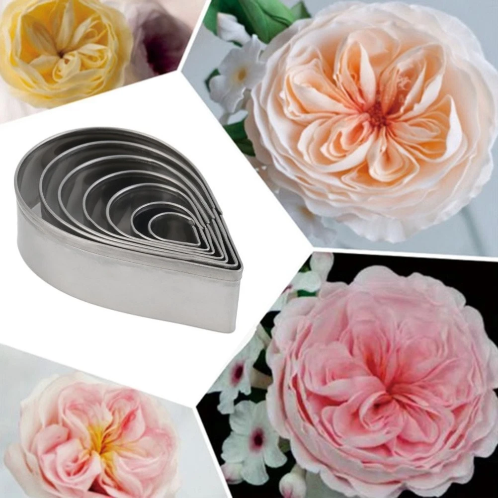 7Pcs Water Drop Shape Rose Cutter Stainless Steel Cookie Cutters Set Fondant Flower Molds Baking Cake Decorating Tools