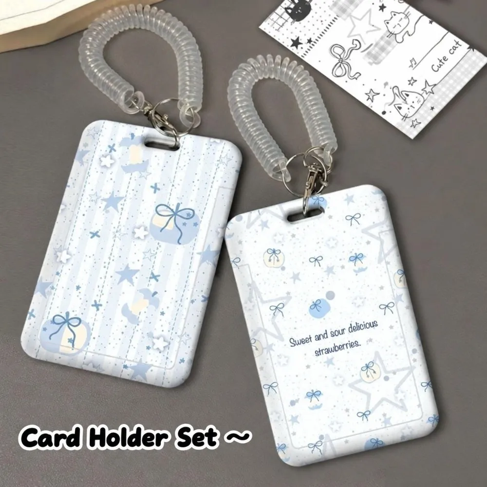 Hard Plastic Card Holder Slide Cover Blue Star Pattern ID Badge Holder with Wrist Lanyard Polka Dots Access Control Card Holder