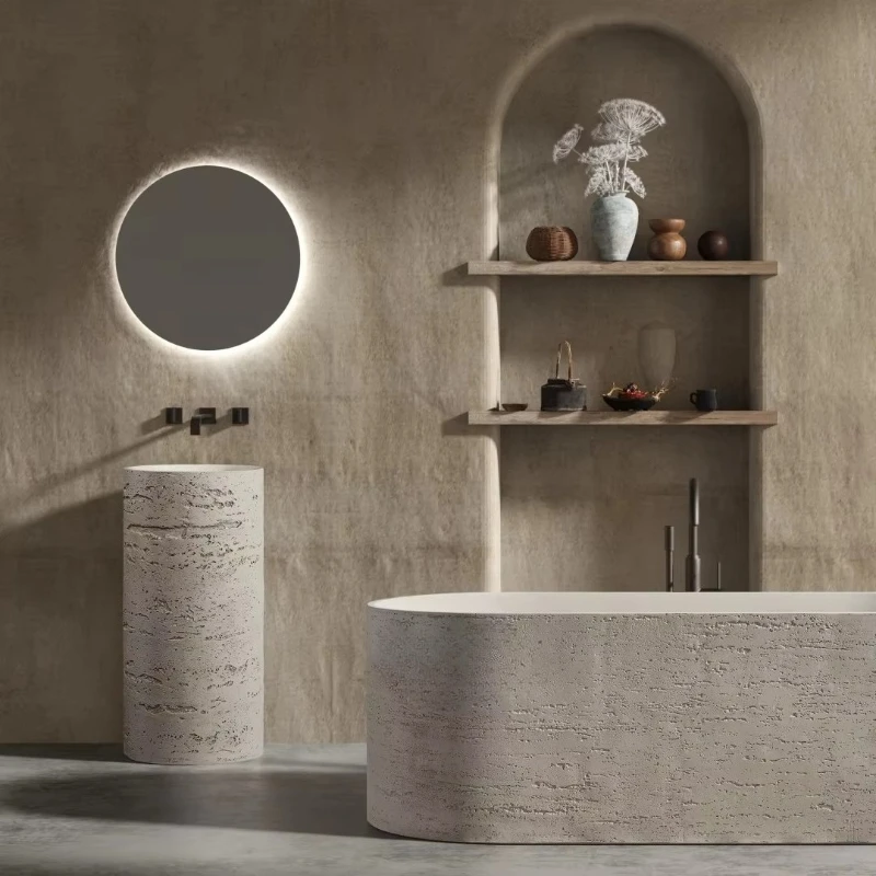 

Beige travertine base sink heavy-duty natural marble hotel project wash basin