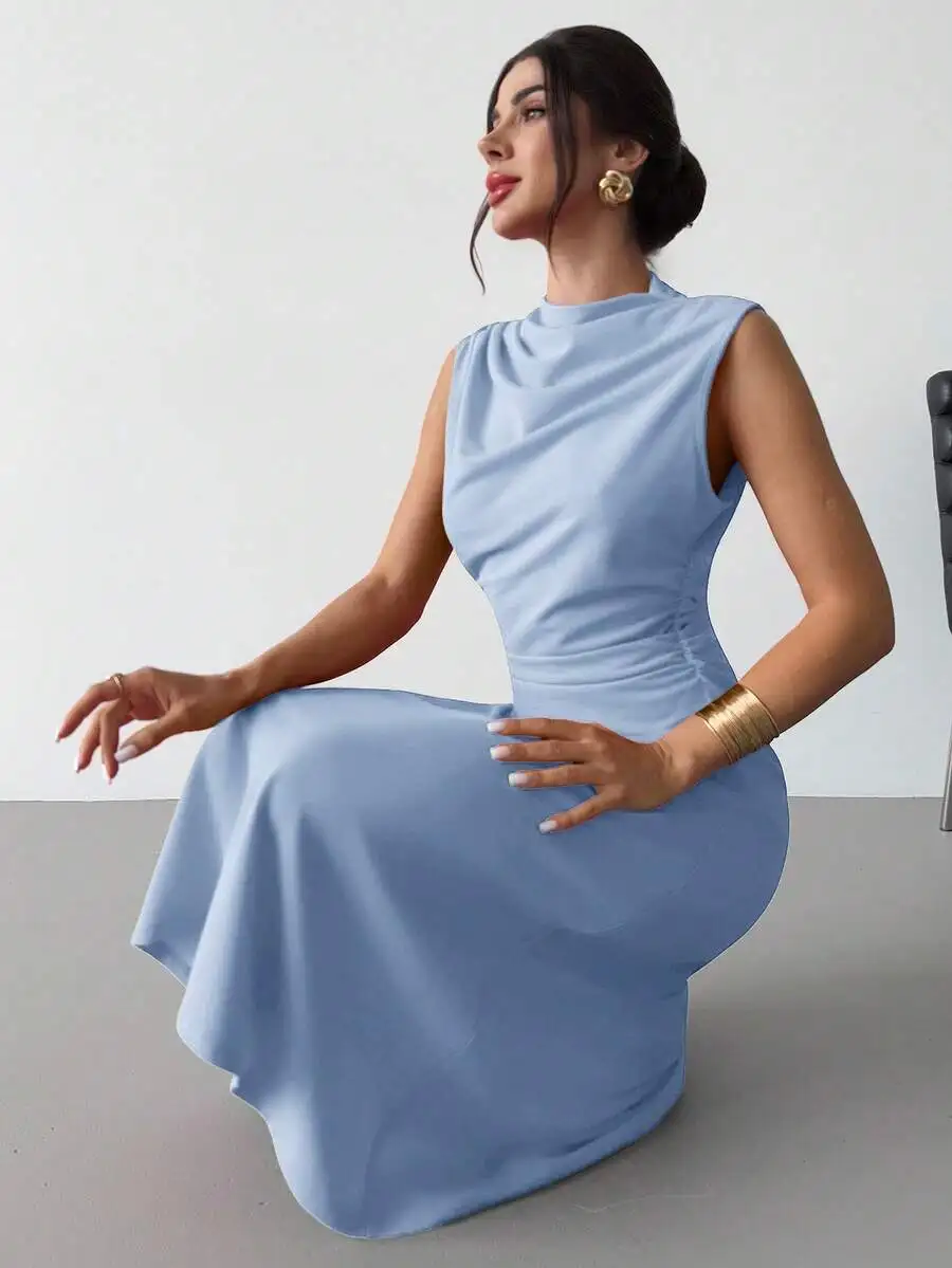 

Women's Light Blue Sleeveless Pleated A-Line Midi Dress with High Neck and Side Ruching