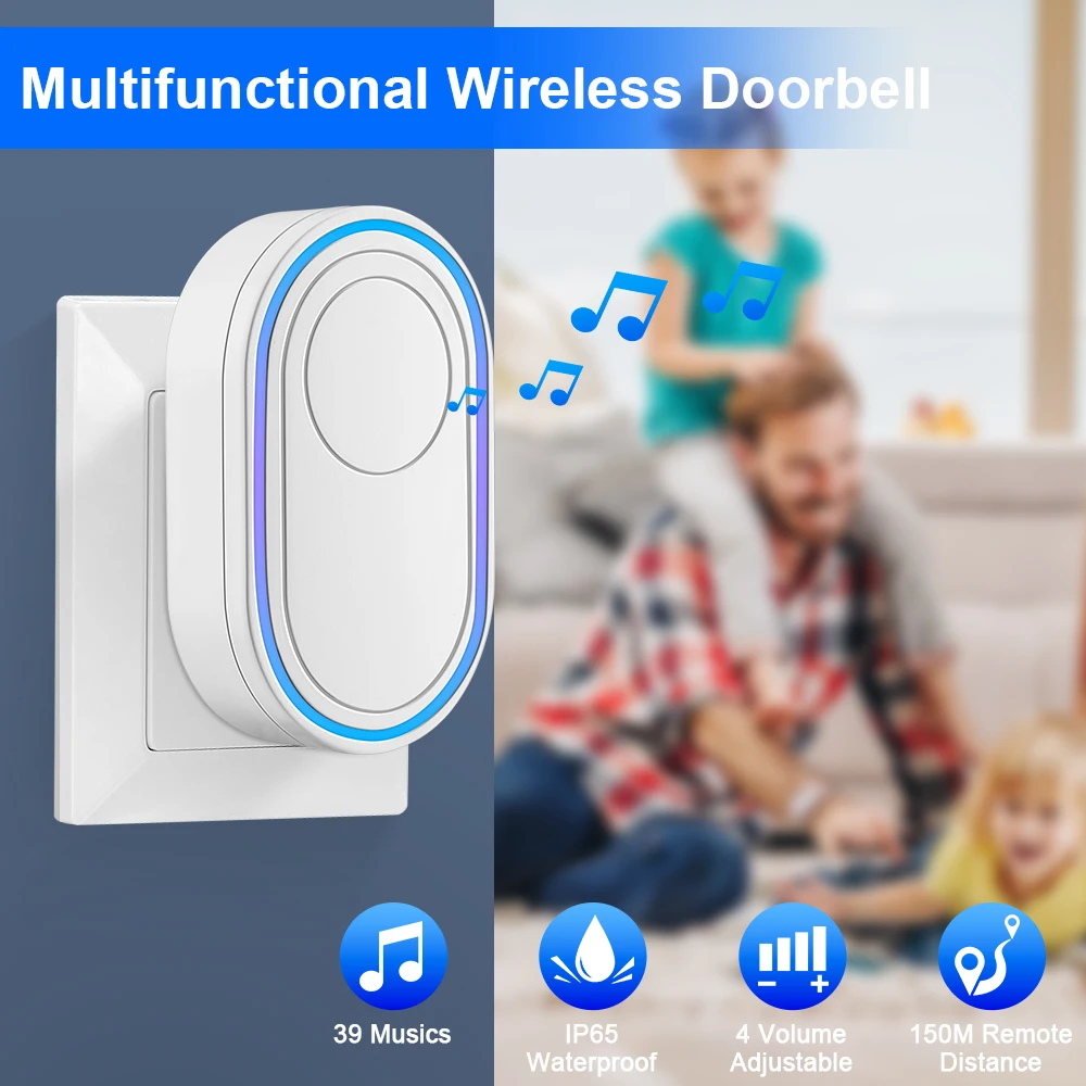 Wireless Doorbell 39 Music LED Flash Security Alarm Outdoor IP65 Waterproof Smart Home Intelligent Door Bell Chime Kit