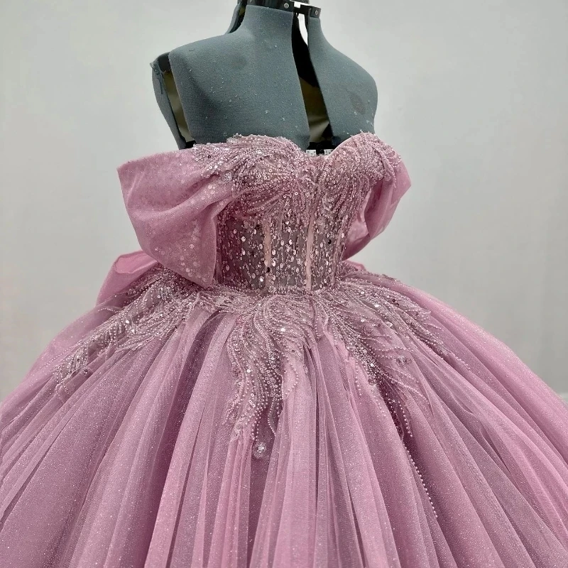 Pink Quinceanera Dress Princess Off the Shoulder Prom Gown Applique Lace Beads Tulle Tiered Sweet 16 Dress Vestidos De 15 Anos