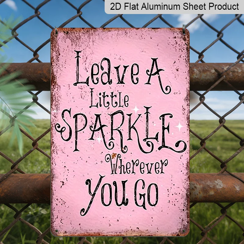 Pink Glitter 'Leave Little Sparkle Wherever You Go' Metal Wall Sign - Retro Inspirational Quote Wall Hanging Plaque with Glitter