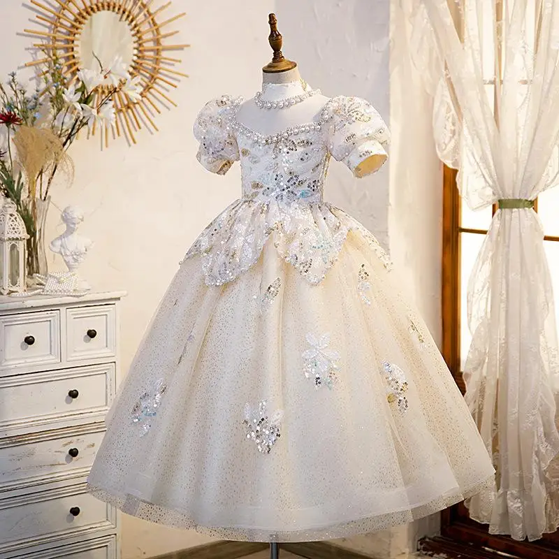 Robes à fleurs en cristal et perles pour filles, en Tulle, longueur au sol, robe de princesse pour spectacle, fête d'anniversaire, pour adolescentes, 2022