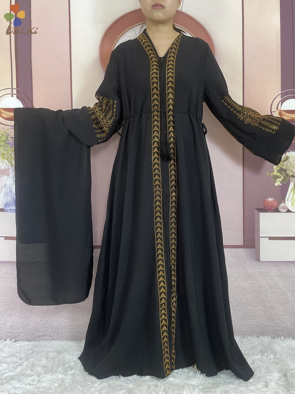 New Muslim Elegant Women Open Dress Long sleeved Diamond Chiffon Robe African Abaya Women Dress Dubai Maxi Party Clothing