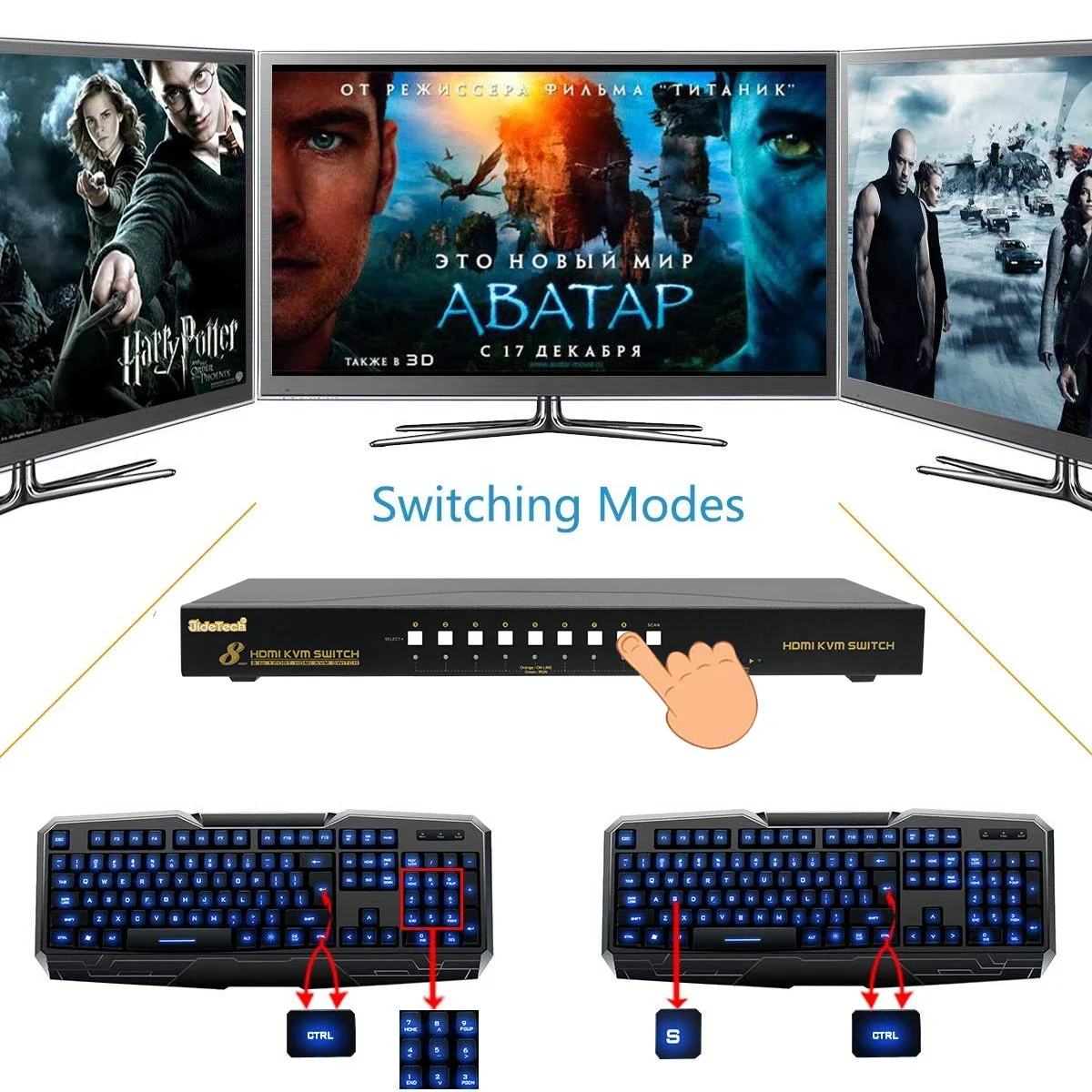 Conmutador KVM USB JideTech de 8 puertos de hasta resolución de 4K a 30 Hz con concentrador USB 2.0 Conmutación de mouse con tecla de acceso para Linux, Windows, Mac, Unix