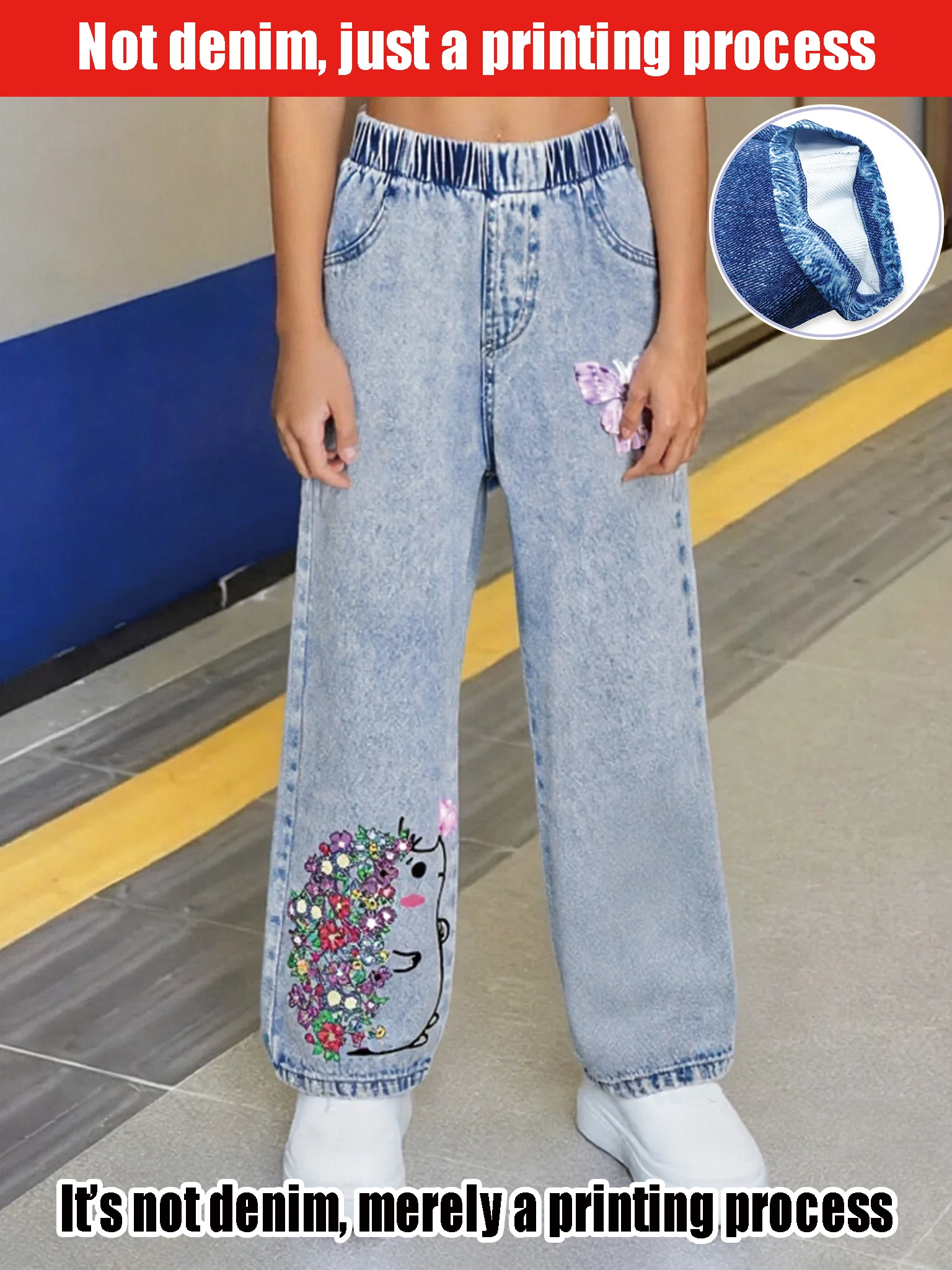 

2025 Trend Girls Cartoon Hedgehog Printed Loose Pants - Elastic Waist Children's Casual Wide Leg Imitation Denim Pants