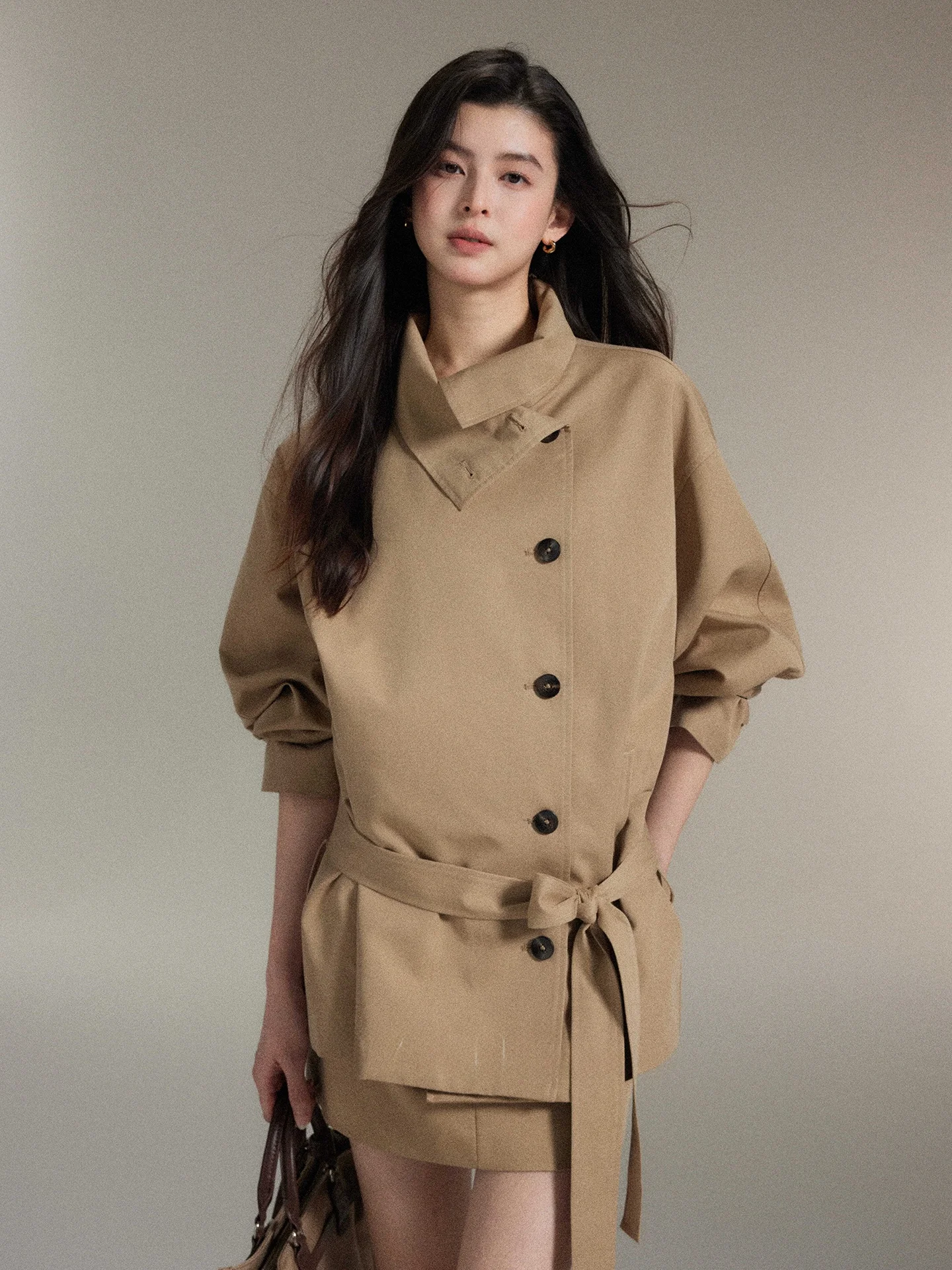 

Classic Design Double-breasted Coat High Waist Skirt Set Ele Casual Cotton Polyester Blend Long Sve Windbreaker