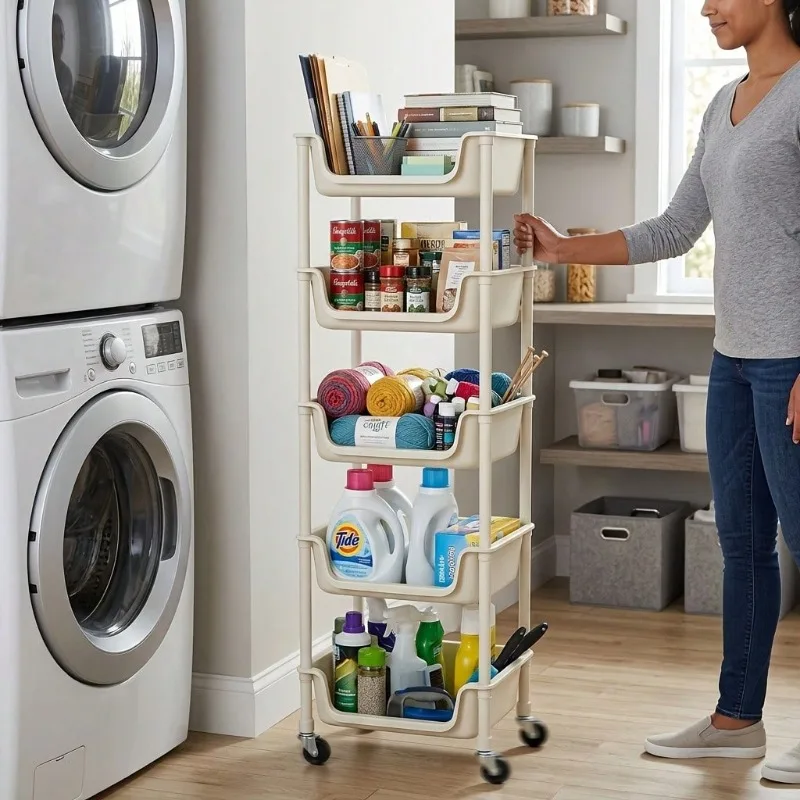 Bookcases Living Room Furniture 5-Tier, 4-Tier Rolling Storage Rack With Wheels, Large Capacity Storage; 3-Tier Trolley Storage Rack Suitable For Offices, Bathrooms, Living Rooms, Bedrooms, And Garages.