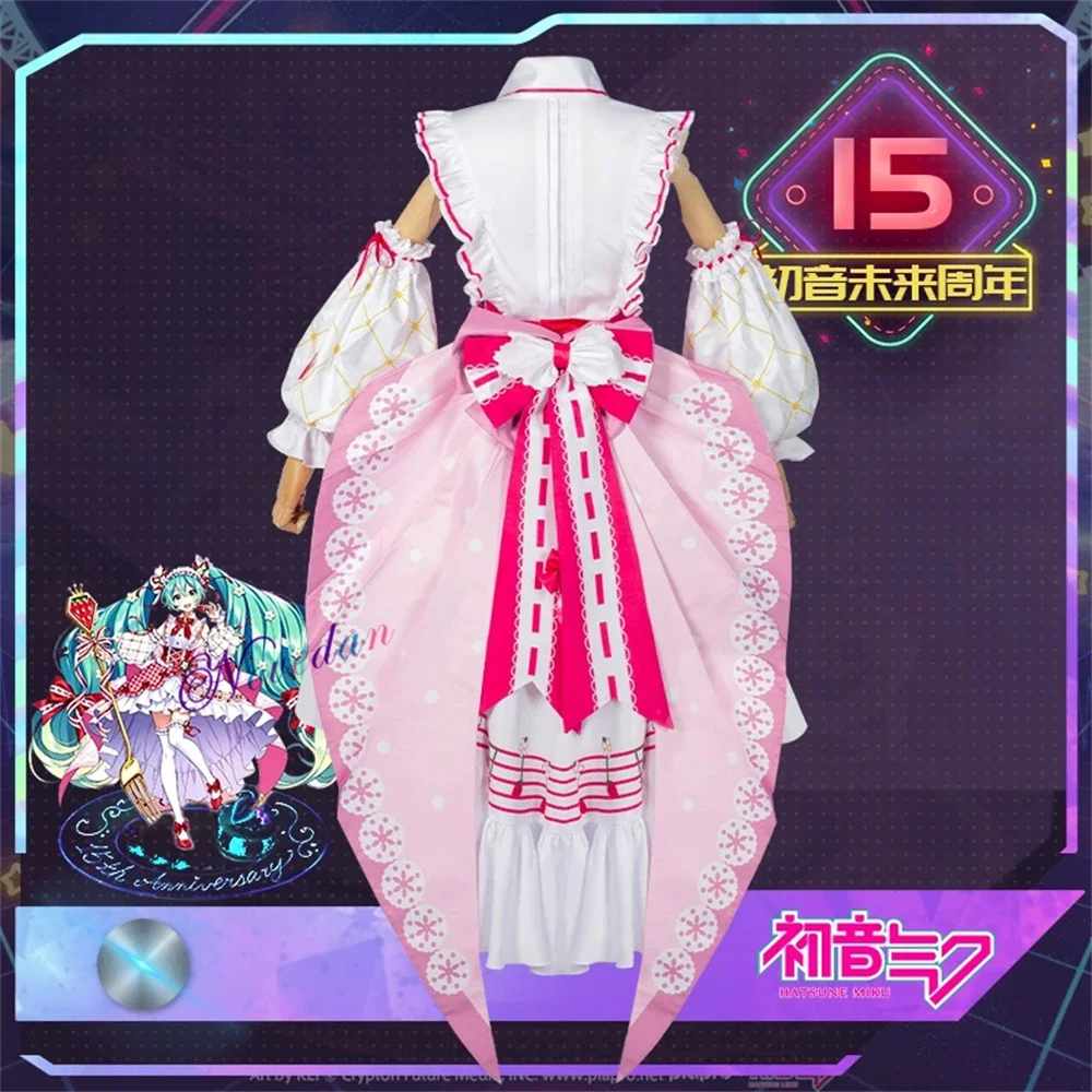 15th Anniversary Miku Cosplay Outfit Anime Miku Strawberry Lolita Dress Kawaii Women Halloween Party Costume Shoes Wig Prop