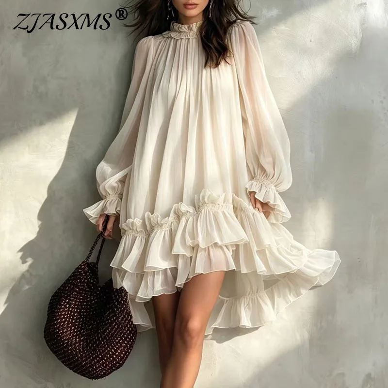 Boho Loose Swing Dress Ladies Ruffle O Neck Lantern Sleeve Multi‑Tiered Ruffle Hem Mini Dress Casual Beach Holiday Short Dresses