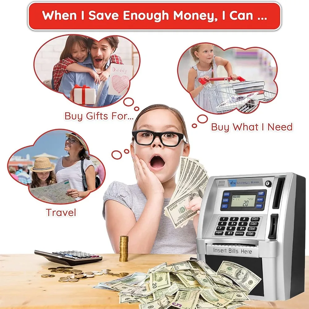 بنك ATM Piggy التفاعلي للأطفال مع المطالبات الصوتية، وحدة تغذية الأموال التلقائية، وحماية كلمة المرور وإعداد الأهداف #4