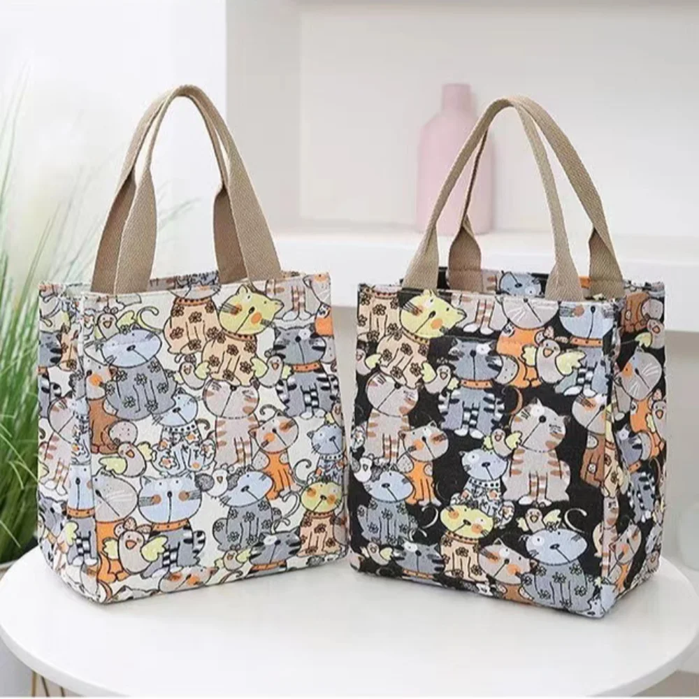 Borsa da pranzo con stampa di cartoni animati carini, borsa di tela portatile, borsa Casual da donna e borsa Tote per scuola, ufficio, borsa da