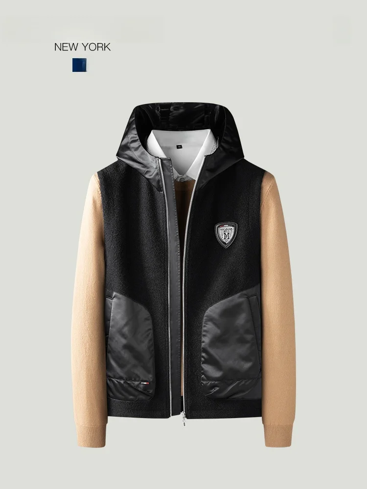 

Men's Woolen Hooded Cardigan Jaet Winter New Outwear Splicing oulder Coat THOM BEAUN round Collar Full Sve Other/Other