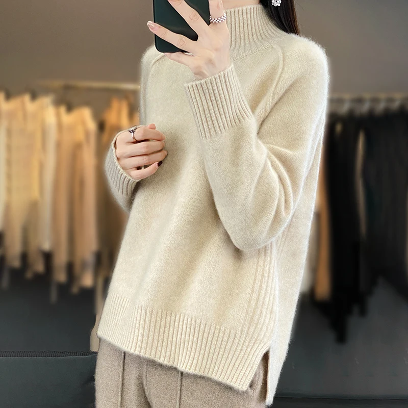 Turtleneck 100% Wool Sweater Women Fashion Solid Split Clothes Autumn Winter New Casual Tops Knitted Long Sleeve Female Pullover