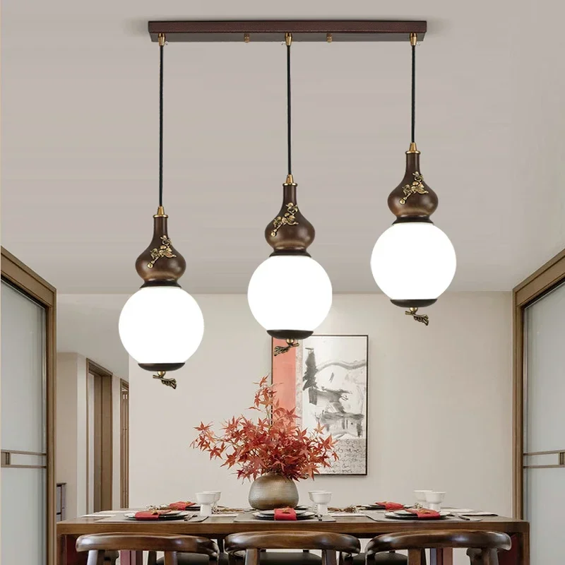 Modern Chinese Style Gourd Solid Wood Three-Headed Dining Table Light Long Pendant Lighting for Staircase And Dining Room
