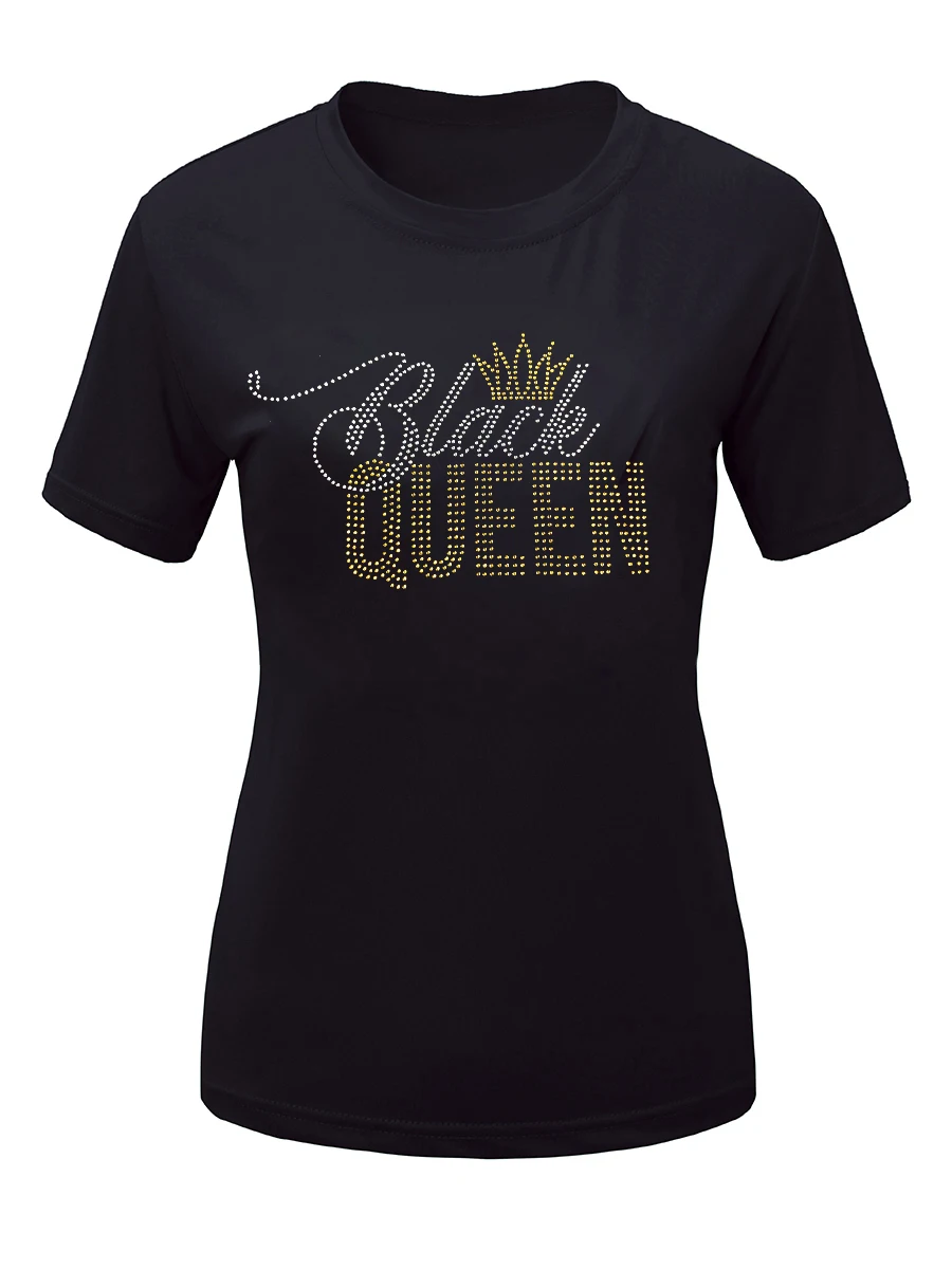 LW Plus Size Rhinstone Black Crown Queen T-shirt Casual Letter Print T-shirt 2023 Summer Round Neck Harajuku Y2k Top