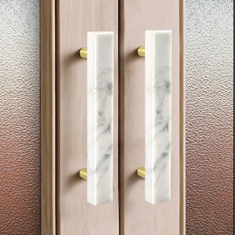Modern Luxury Rectangle Cabinet Pulls, Green White Brass Marble Handles for Drawer Wardrobe Decor