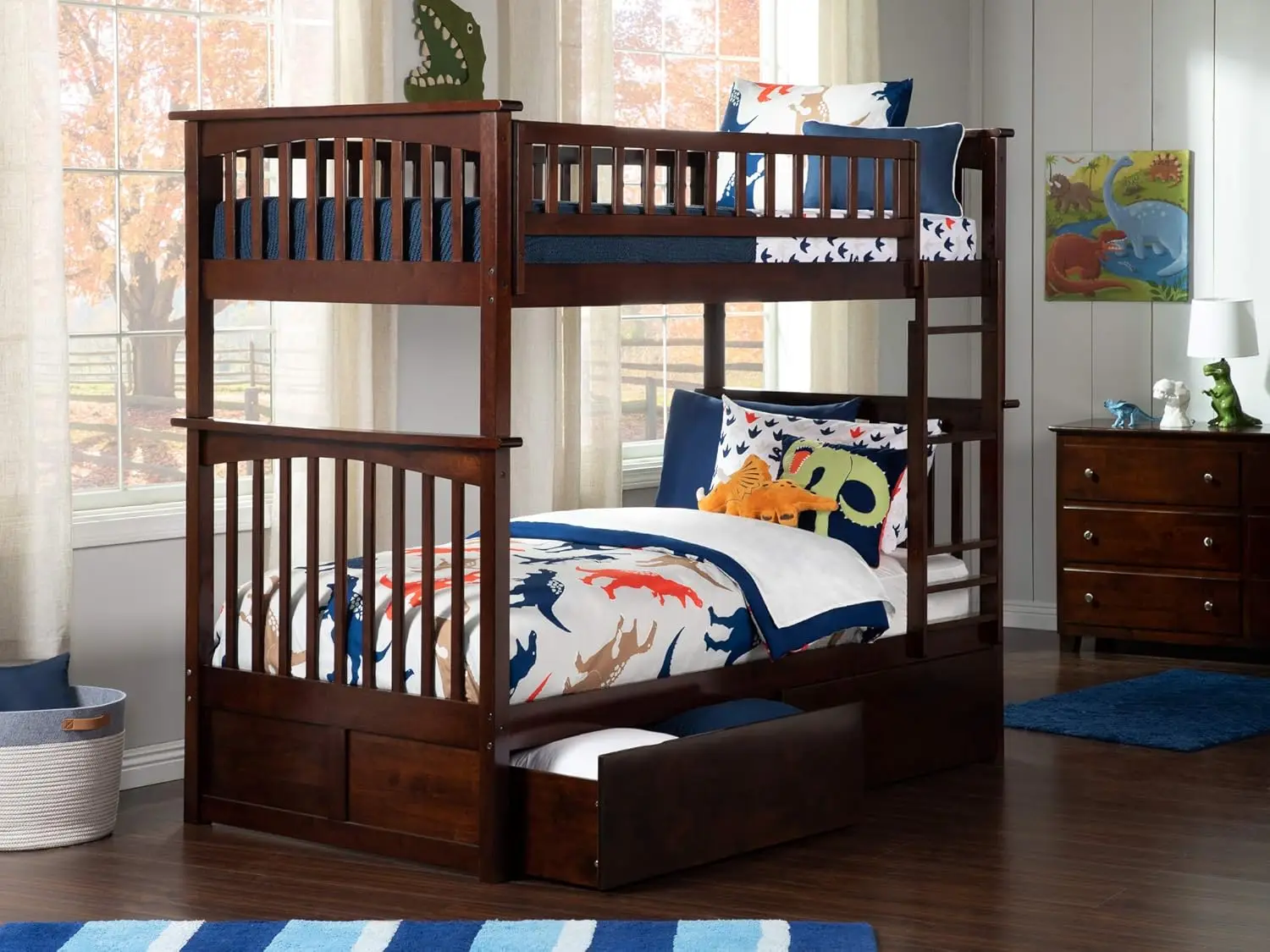 Columbia Twin Over Twin Size Bunk Bed With Bed Drawers & Charging Station In Walnut