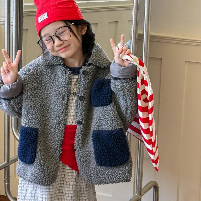 

2025 Winter Kids Fleece Padded Jacket 1-6T Color-blocking Boys Thicken Warm Coat Girls Baby Lapel Jacket Children Casual Clothes