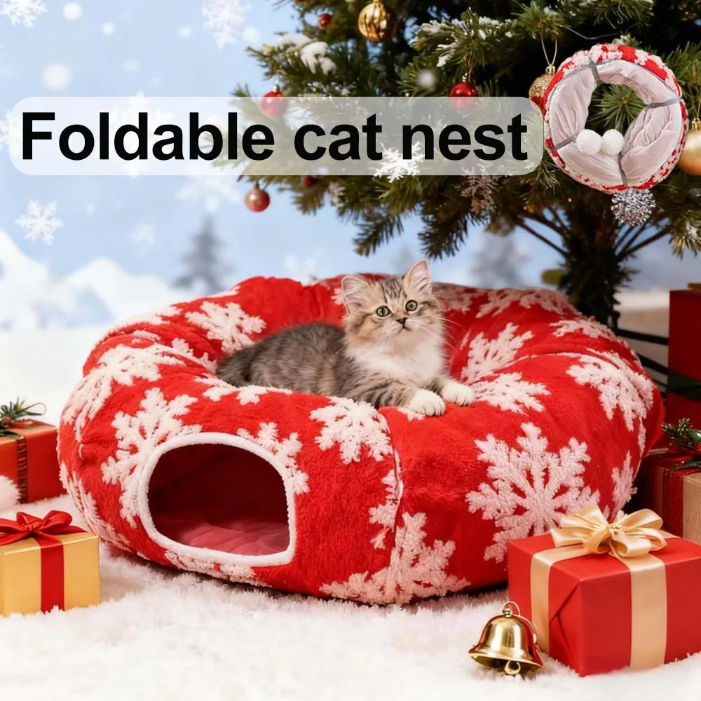 

Red Christmas Cat Tunnel Bed Foldable Puppy House with Donut Cushion Warm Winter Cat Hideaway for Kittens Cats Домик Для Кошки
