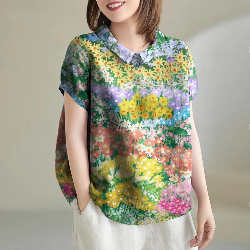 

Women's Blouse Fashion Flower Print T-Shirt Top Hawaiian Comfort Short Sleeve Blouse Summer Street Casual Lapel Women's Clothing